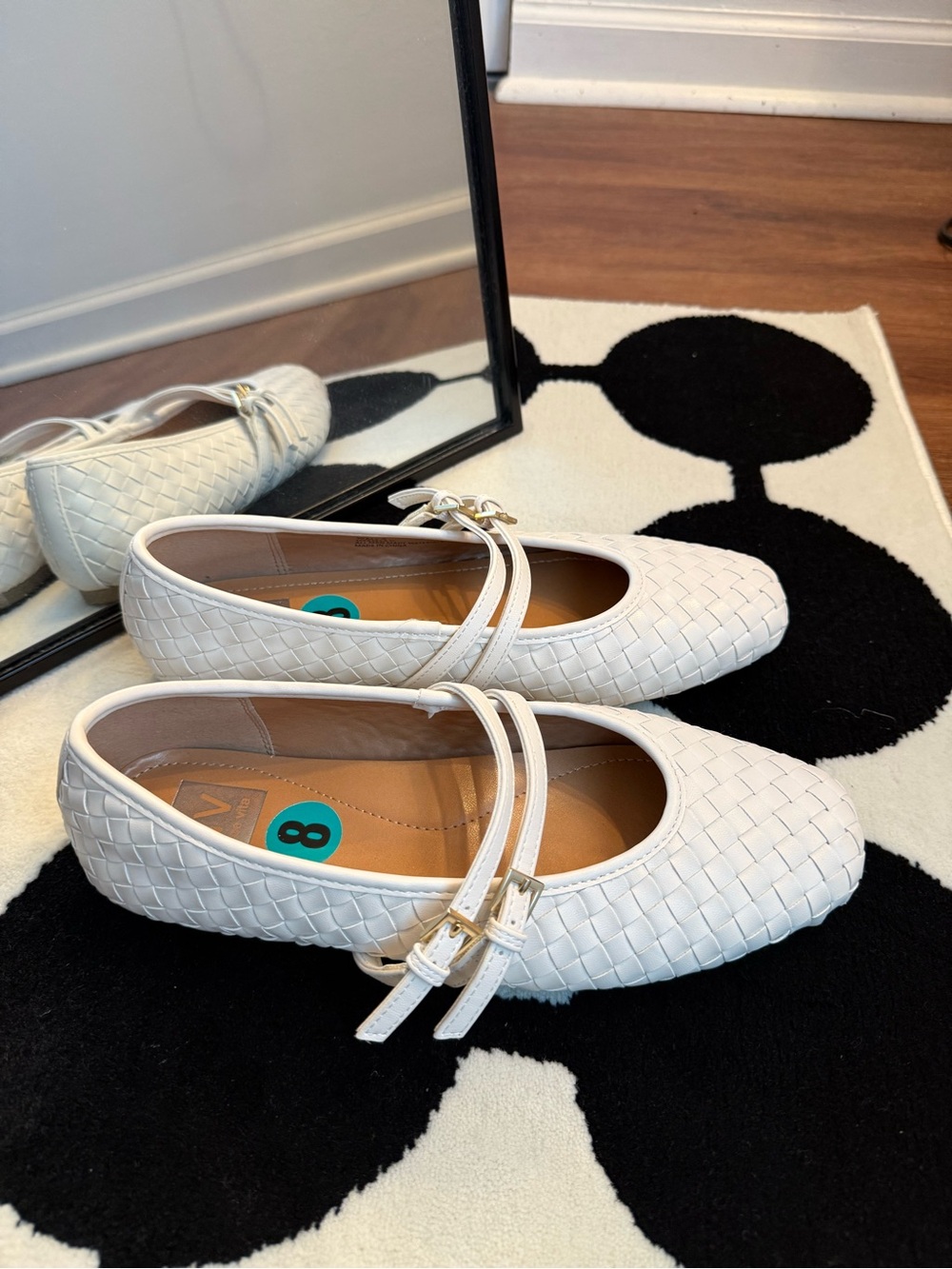 Women's White Woven Mary Jane Flats with Double Straps